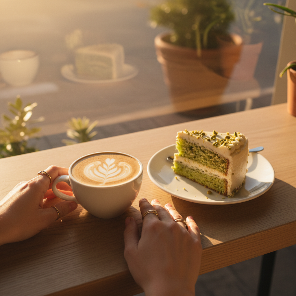 Golden hour cafe table at a high angle with a latte, a slice of pistachio cake and hands wearing delicate gold rings, graded for a cohesive feed