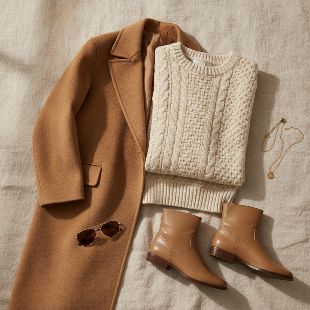 Outfit flat lay on ivory linen with a camel coat, cream knit sweater, tan boots and gold jewellery in a cohesive warm palette