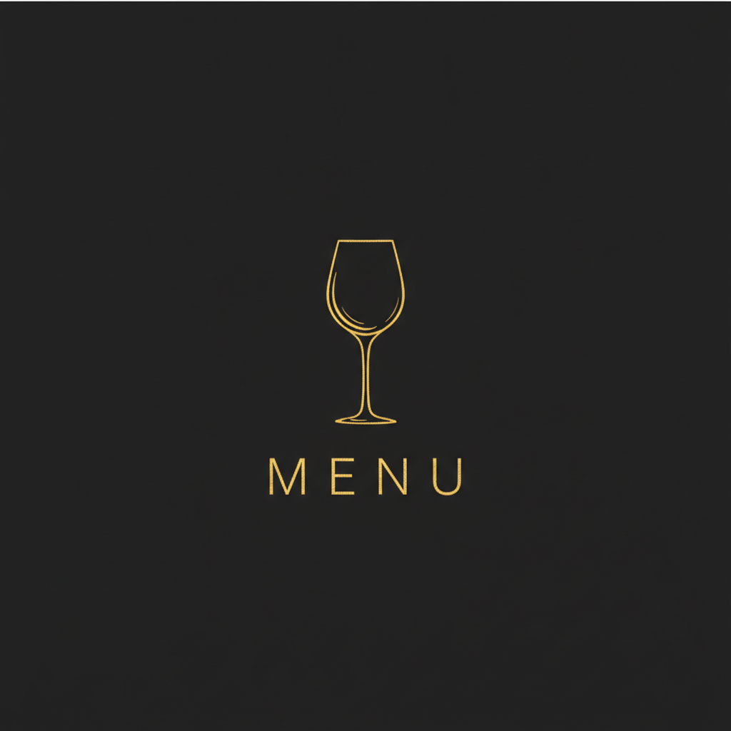 Dark Instagram highlight cover example — matte charcoal black square with a slim gold line drawing of a wine glass centred above the word MENU in thin spaced gold capitals