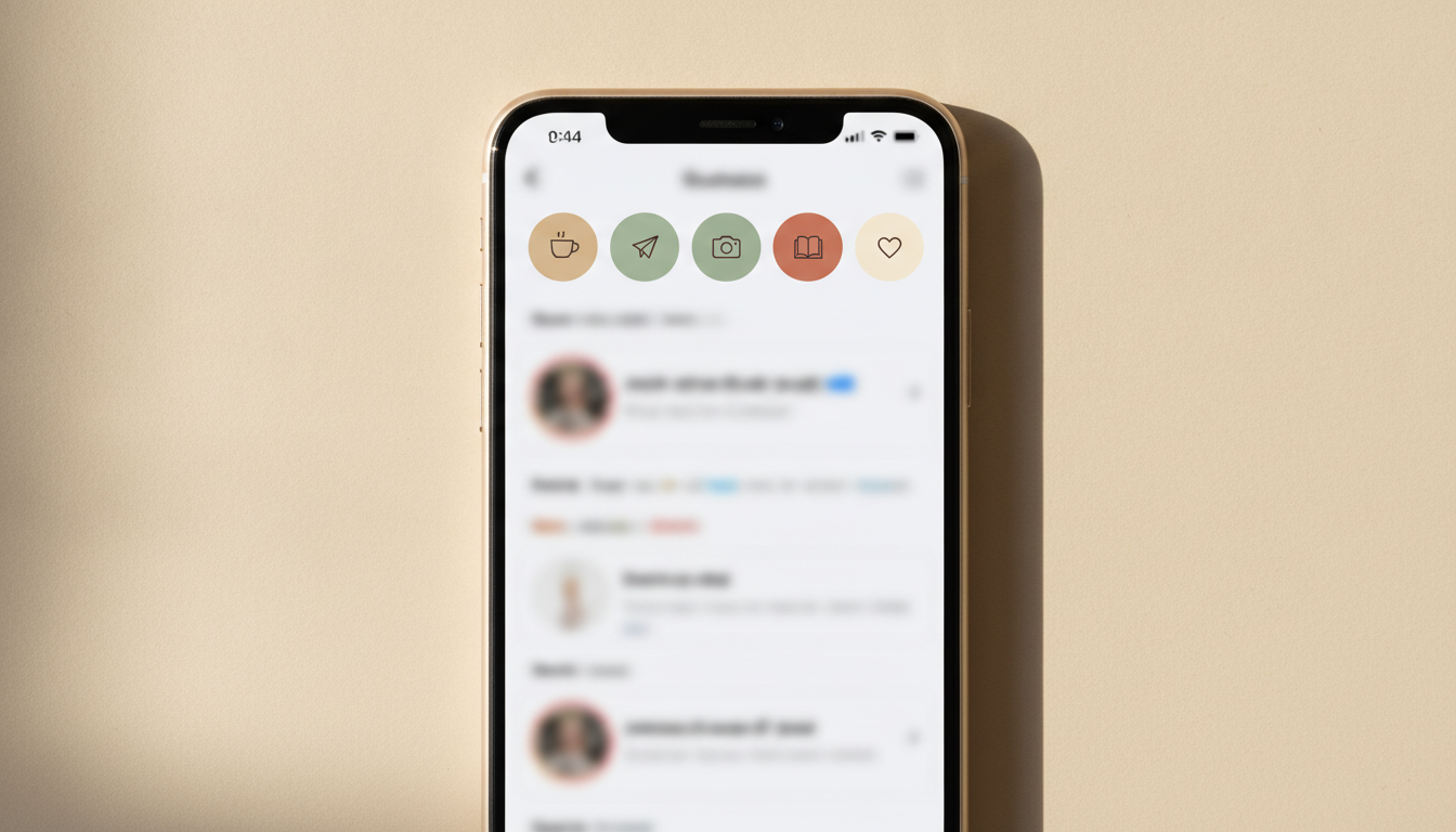 A phone on a beige surface showing a social profile with a row of five circular Instagram highlight covers in a matching sand, sage, terracotta and cream palette, each holding one small brown line icon — a coffee cup, a paper aeroplane, a camera, a book and a heart