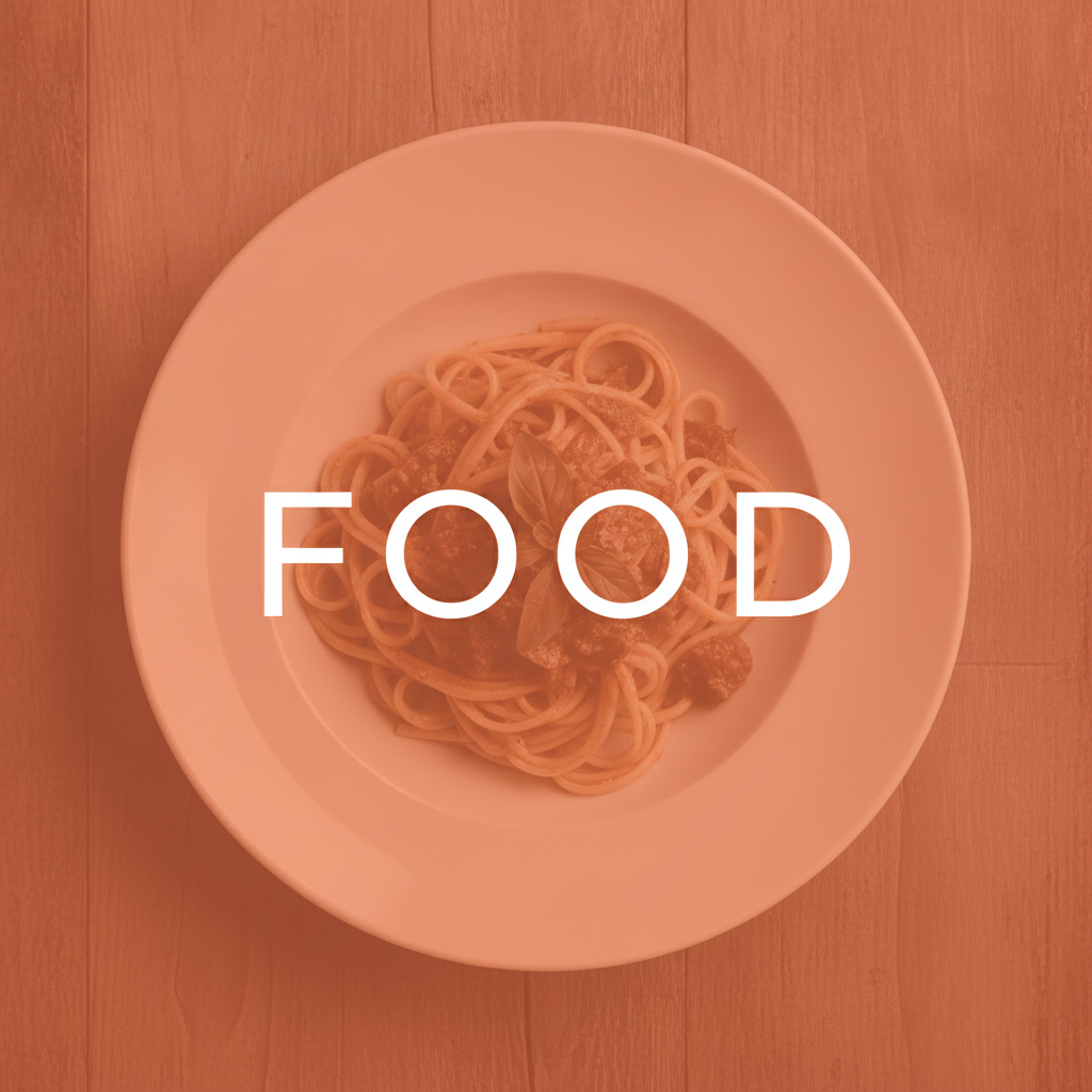 Duotone photo Instagram highlight cover example — a top down photograph of a plate of pasta tinted a single warm terracotta tone with the word FOOD across the centre in white spaced capitals running almost the full width of the square