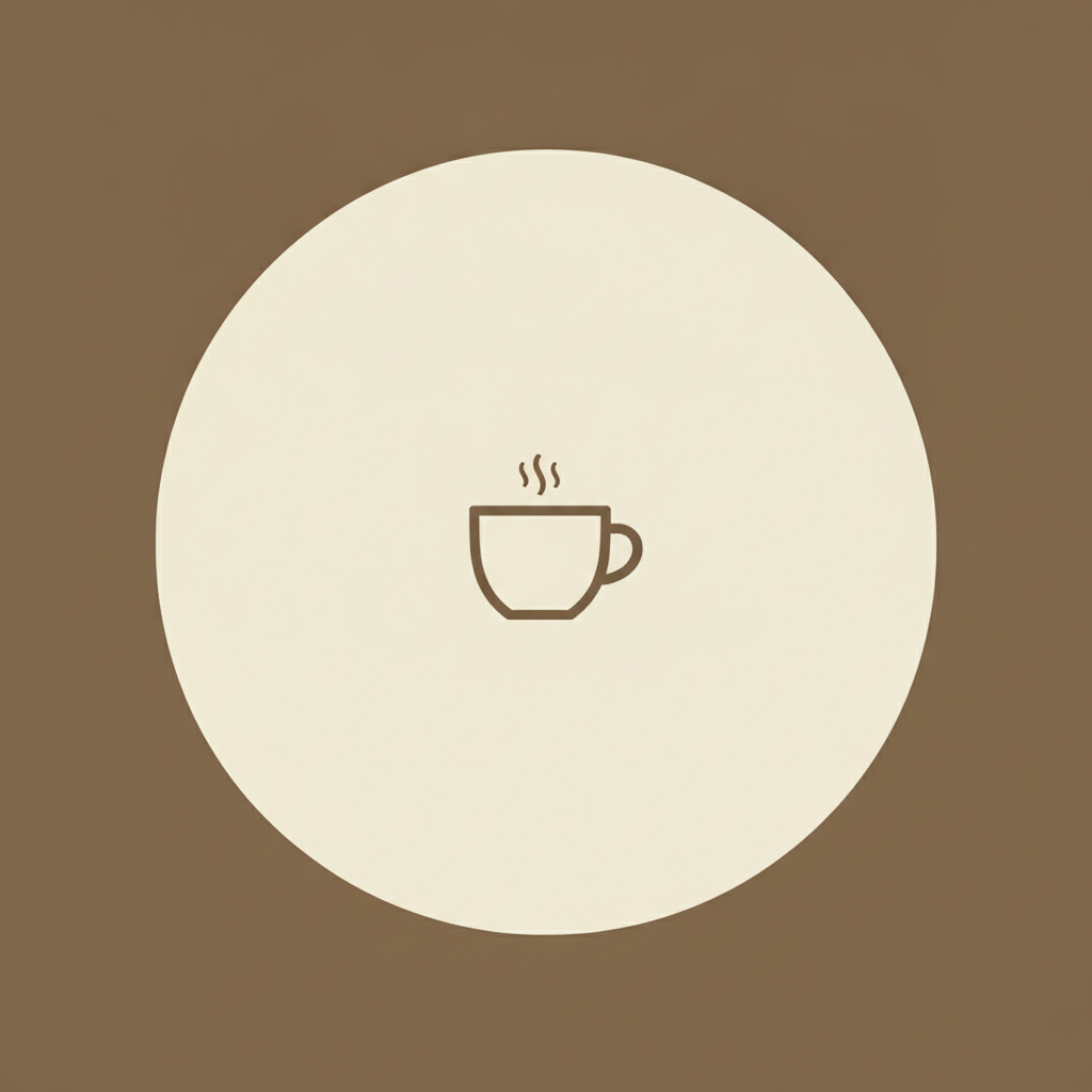Instagram highlight cover safe zone diagram — a dark taupe square with a large pale cream circle inscribed inside it touching all four edges so only the corners stay dark, and a small brown coffee cup line icon centred inside the circle