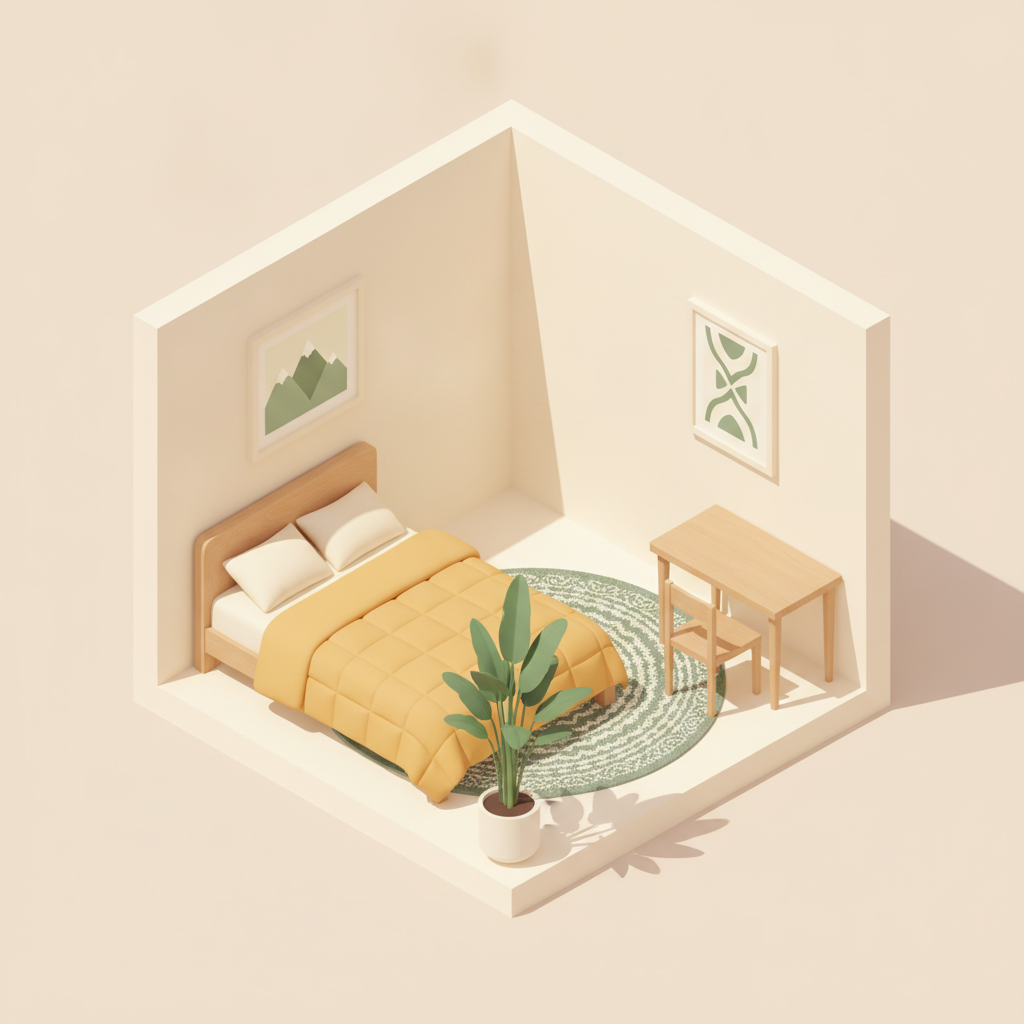 AI isometric generator example — an isometric cutaway of a cosy bedroom with two visible walls, a mustard bed, a wooden desk, a round rug and a potted plant
