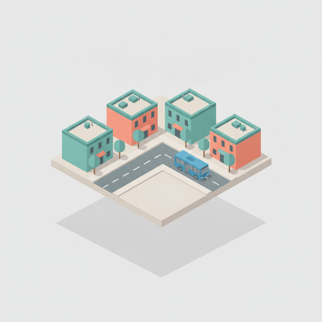 Isometric city generator example — an isometric city block with four flat-roofed buildings in teal and coral, trees, a road corner and a blue bus