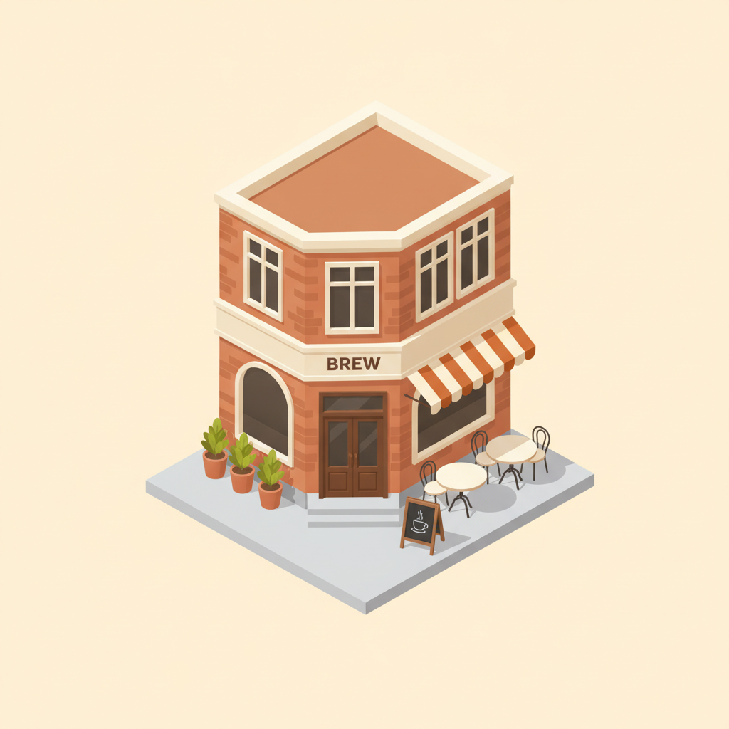 AI isometric generator example — an isometric corner coffee shop in terracotta brick with a striped awning, outdoor tables and a fascia board reading BREW