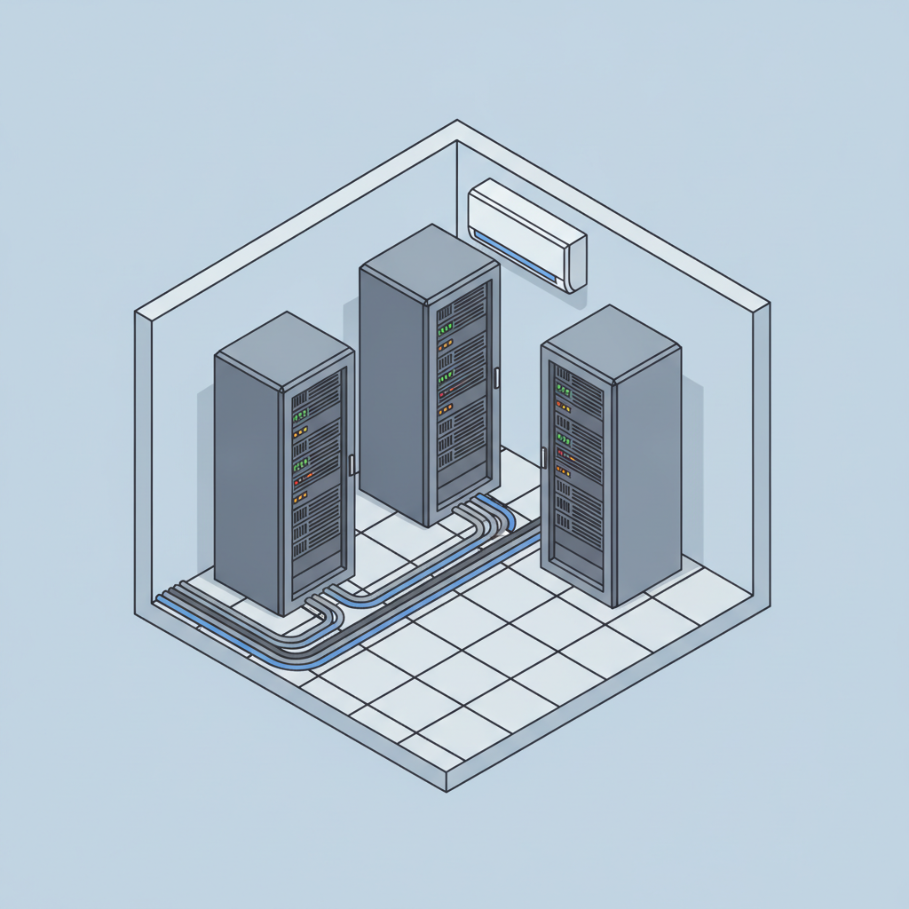 AI isometric generator example — an isometric technical illustration of a server room with three racks, floor cable runs and a wall air conditioning unit in thin outline style