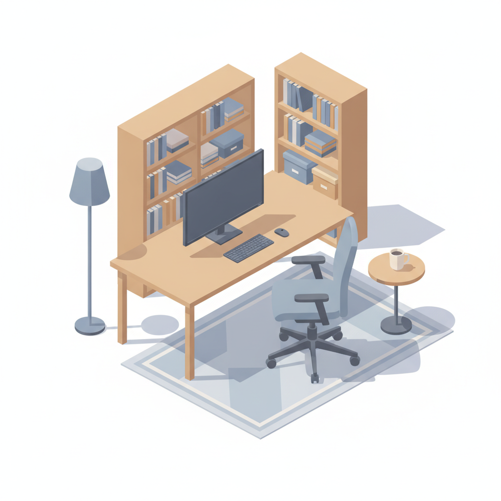 Isometric illustration generator example — an isometric office workspace with a wooden desk, monitor, office chair, two shelving units, a floor lamp and a rug