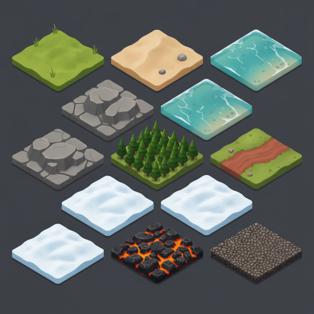 Isometric game tile generator example — thirteen isometric terrain tiles including grass, sand, water, stone, forest, snow, lava and gravel on a dark charcoal background