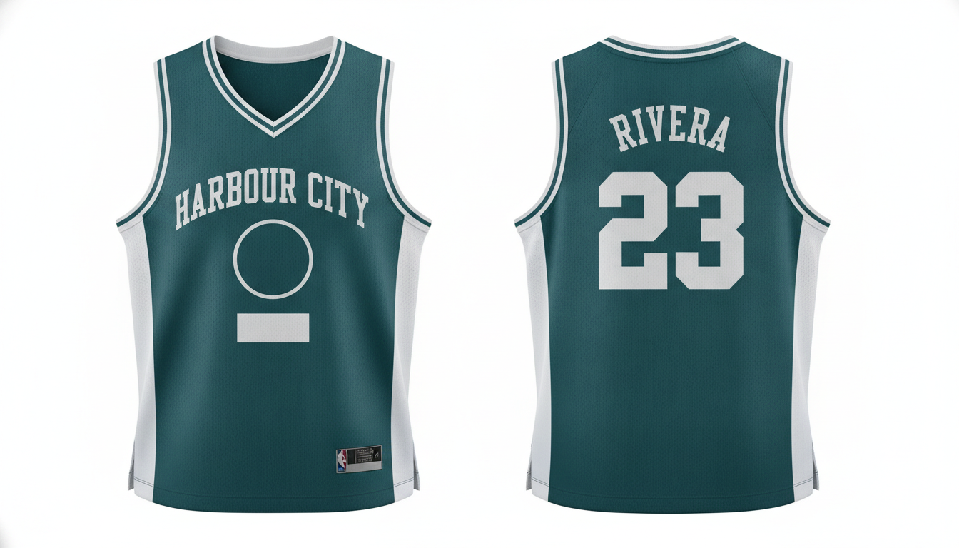 Basketball jersey design maker example — a teal and white sleeveless basketball jersey shown front and back, with a placeholder team name across the chest and a large number on the back