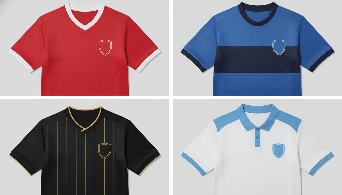 Football kit design generator example — a grid of football shirt colourways on one template in red, royal blue, black with gold pinstripes and white with a sky blue shoulder yoke
