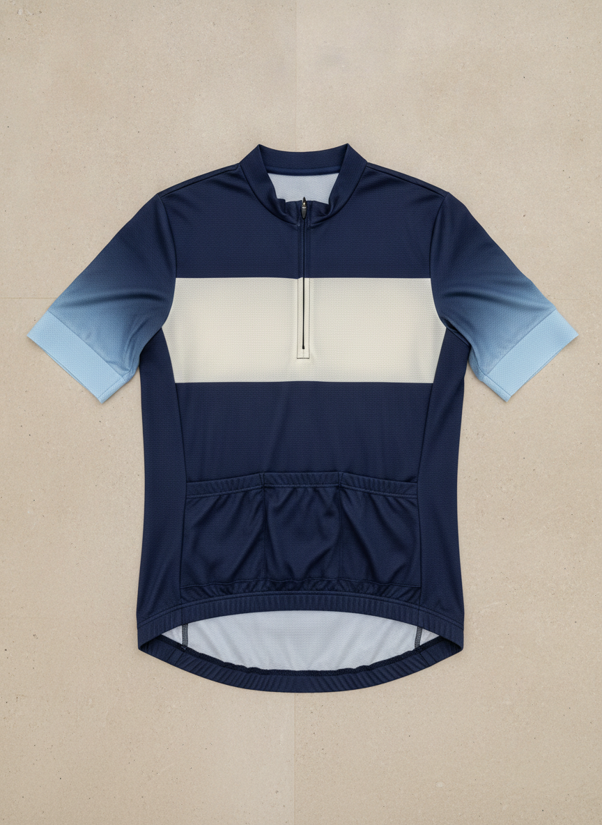 Team uniform design ai example — a navy cycling jersey flat lay with a wide cream chest band, a full length front zip and rear pockets turned up to show the back