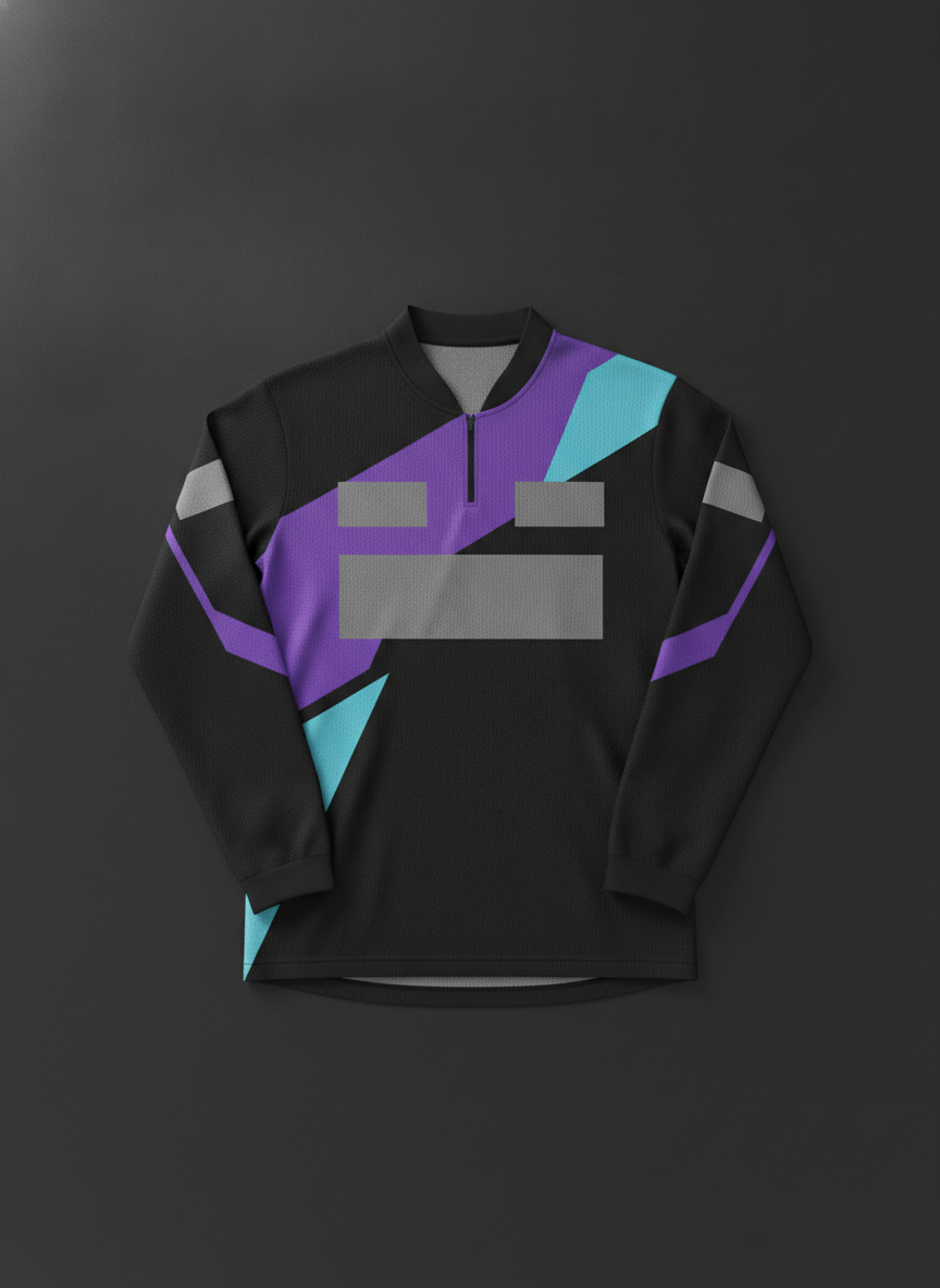 Esports jersey design generator example — a black esports jersey flat lay with angular purple and cyan panels, a short zip stand up collar and deliberately blank sponsor blocks