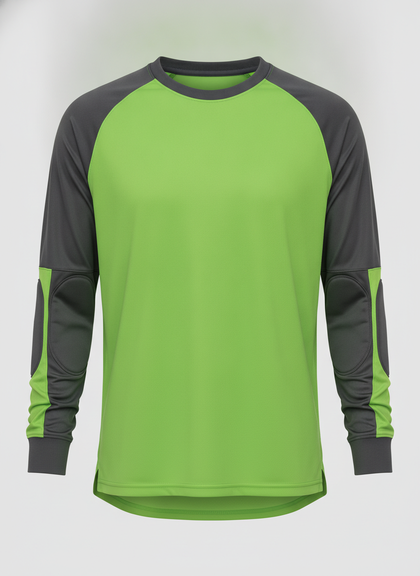 Custom jersey design ai example — a long sleeved lime green goalkeeper shirt with a dark charcoal shoulder yoke, padded elbow panels and an unbadged chest