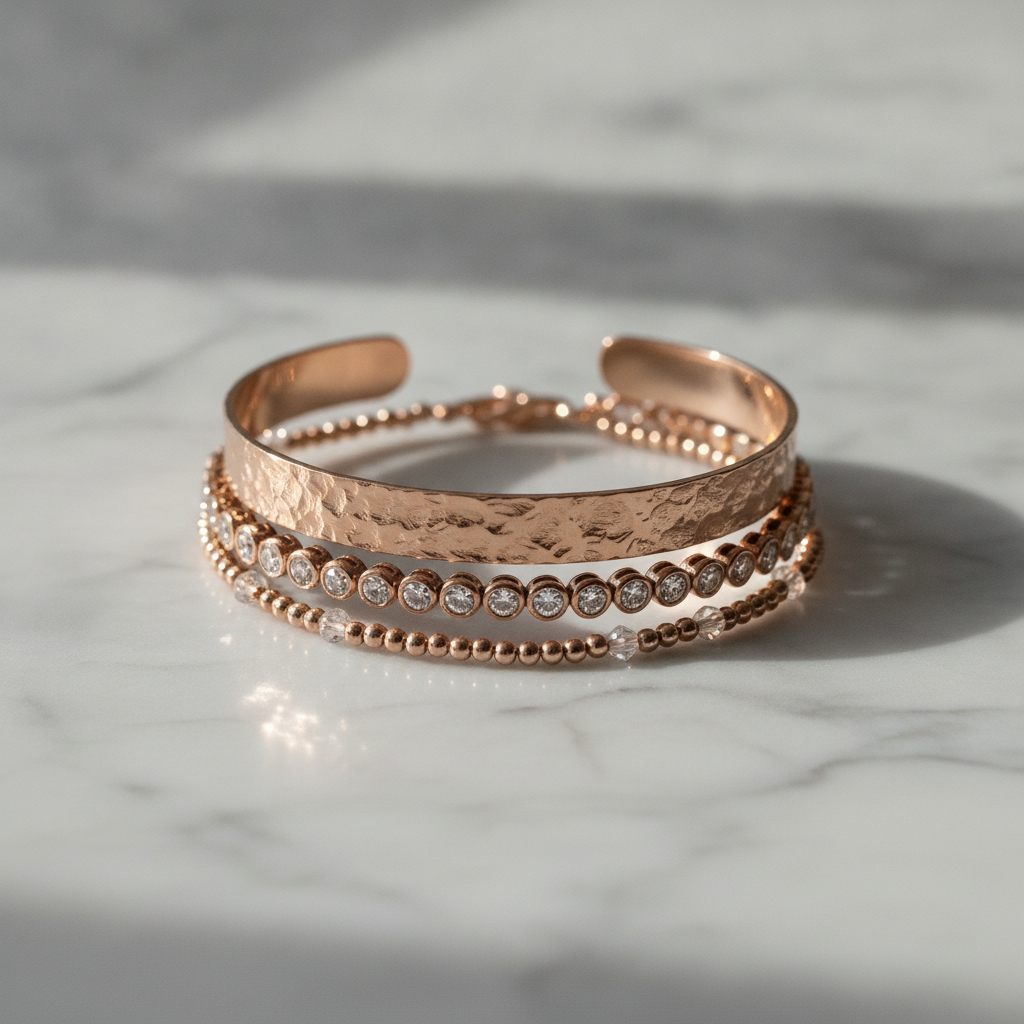 AI bracelet design example — hammered rose gold cuff layered with a tennis bracelet and a beaded chain on marble
