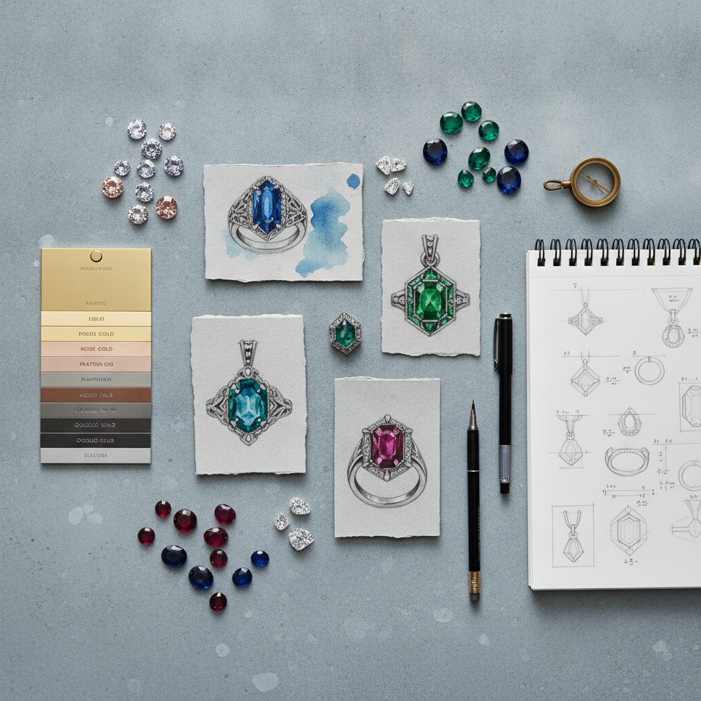 AI jewellery design board example — flat lay of gouache design renderings, loose gemstones and metal swatches