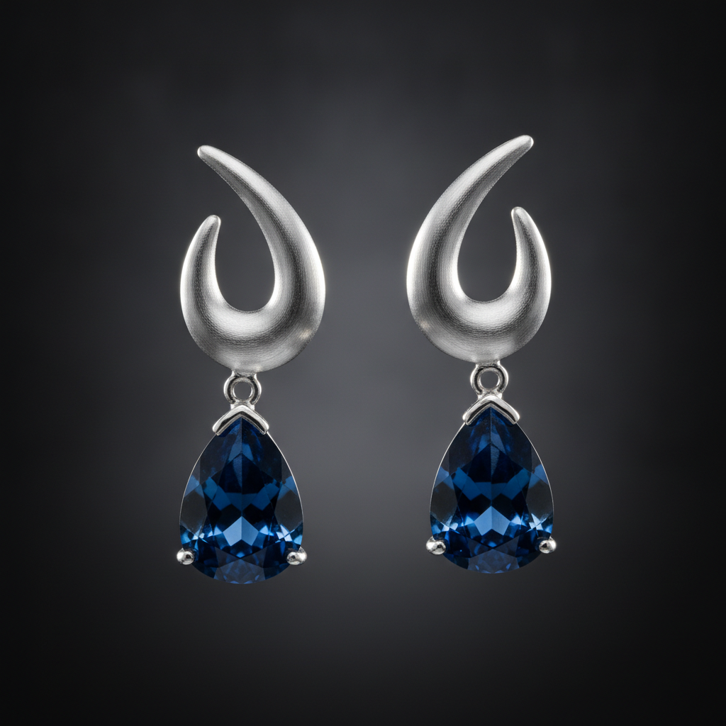 AI earring design example — sculptural brushed silver drop earrings suspending pear cut blue sapphires