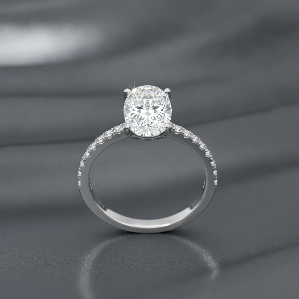 AI jewelry design generator example — platinum oval cut solitaire engagement ring in a four prong setting with a pave band