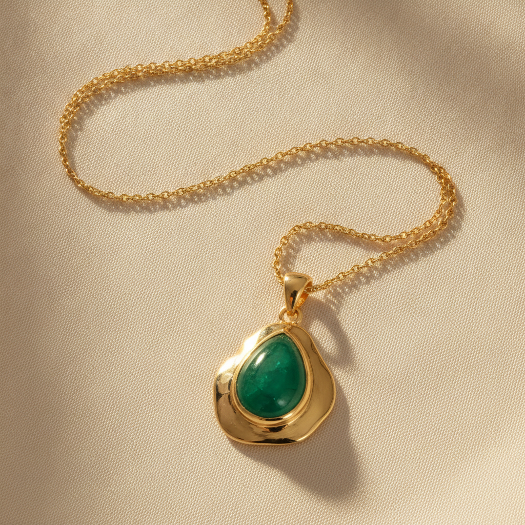 AI jewellery design example — 18k yellow gold teardrop pendant with a bezel set emerald cabochon on a fine cable chain
