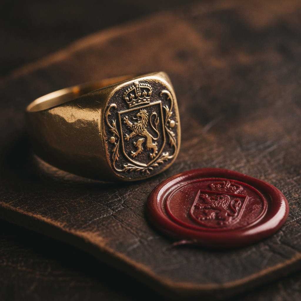 AI signet ring design example — heavy antique style gold signet ring with a hand engraved crest and oxidised patina