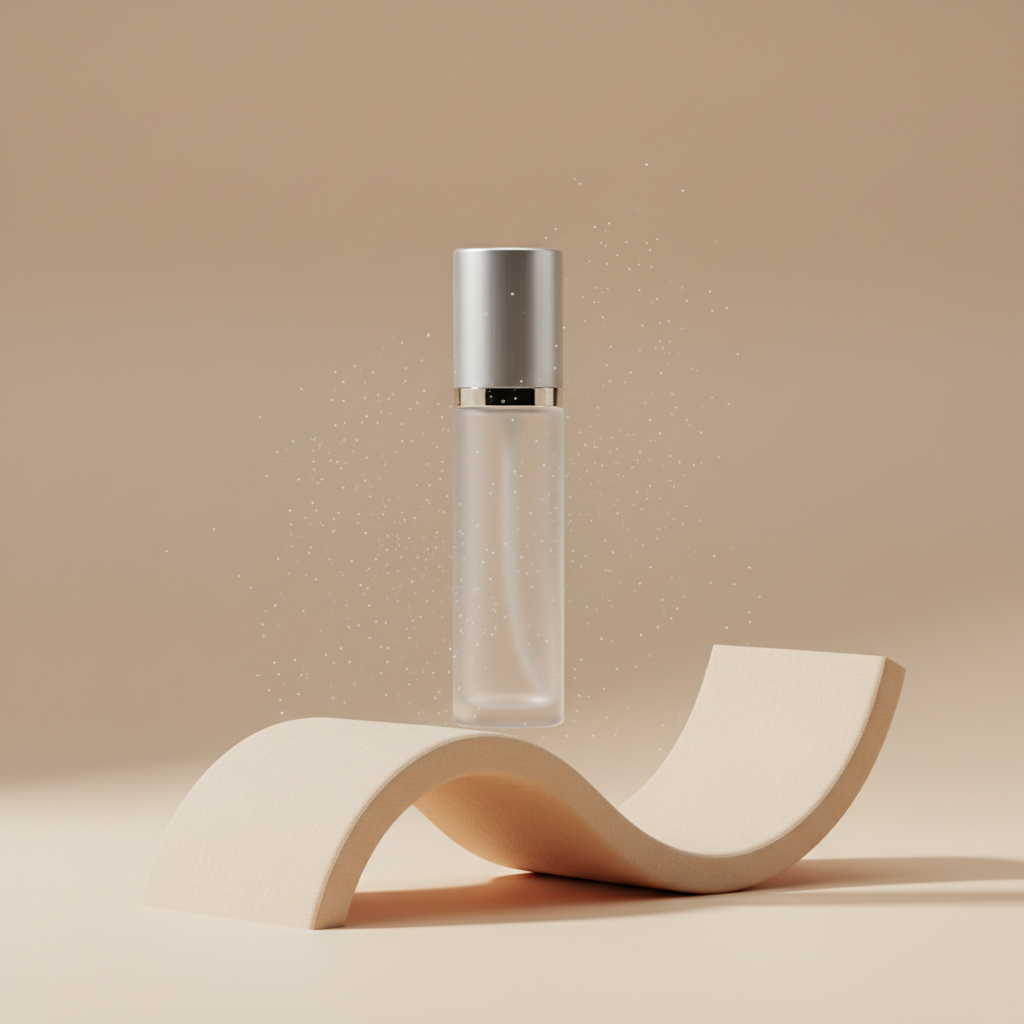 AI keyboard-driven image generator output — a sleek product mockup of a cosmetic bottle on a studio podium with soft lighting