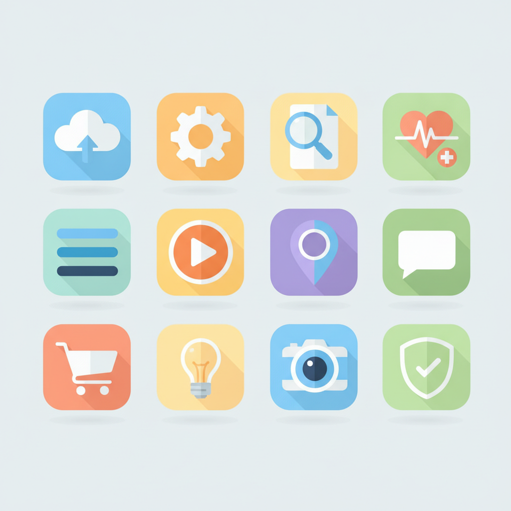 AI keyboard-driven image generator output — a flat illustration set of modern app icons in a cohesive rounded style