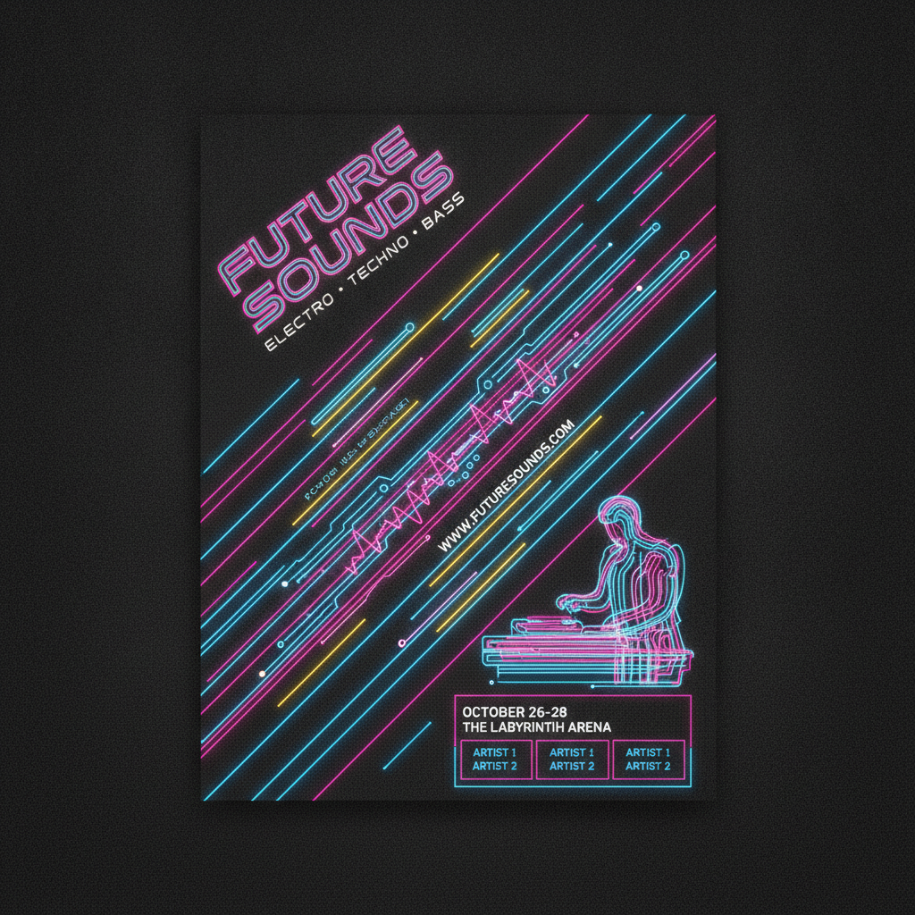 AI keyboard-driven image generator output — a bold event poster with a dynamic diagonal layout and neon accents on a dark background