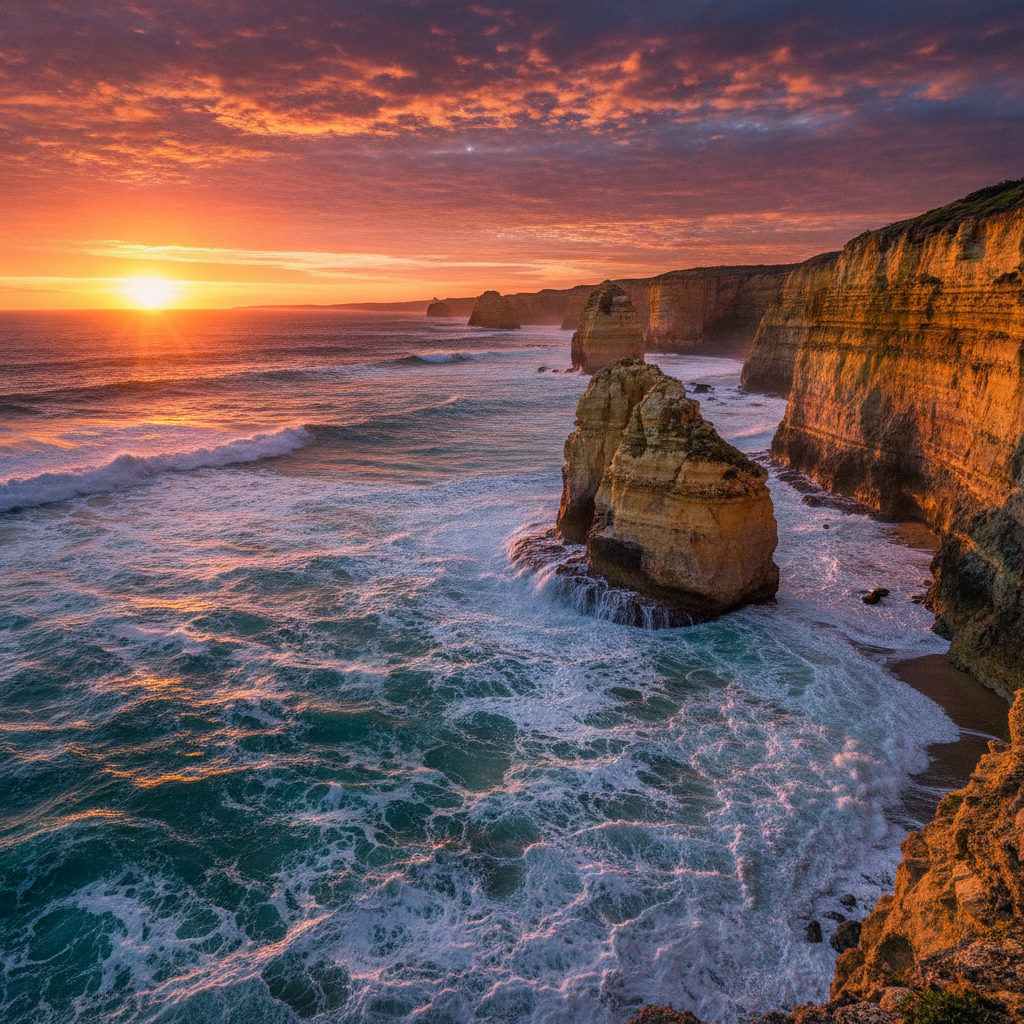 AI landscape photo enhancer result — a turquoise coastal seascape with waves on golden cliffs at sunset and rich vibrant color