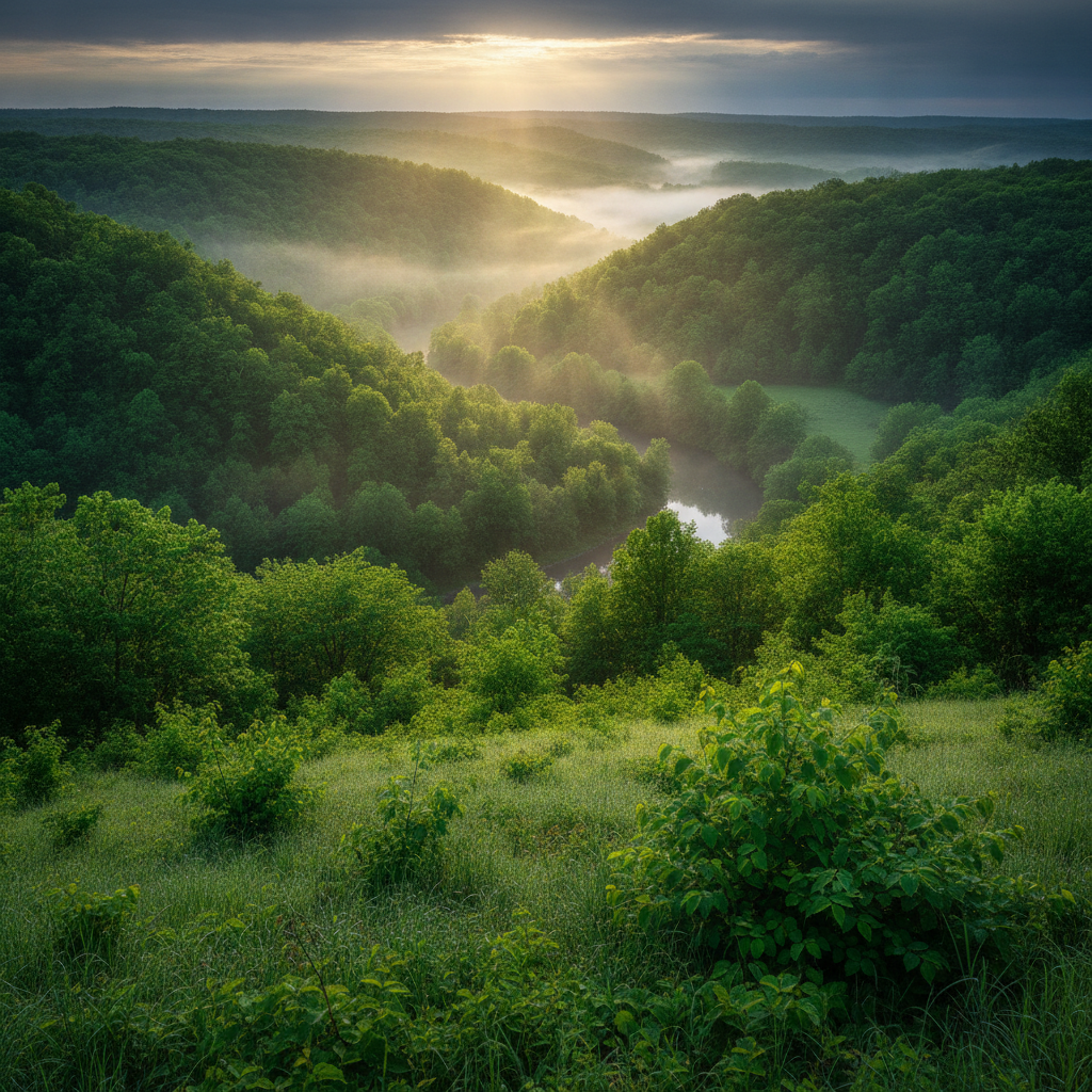 AI landscape photo enhancer result — a lush green valley with morning mist and sun rays, deep vivid greens and sharp foliage detail