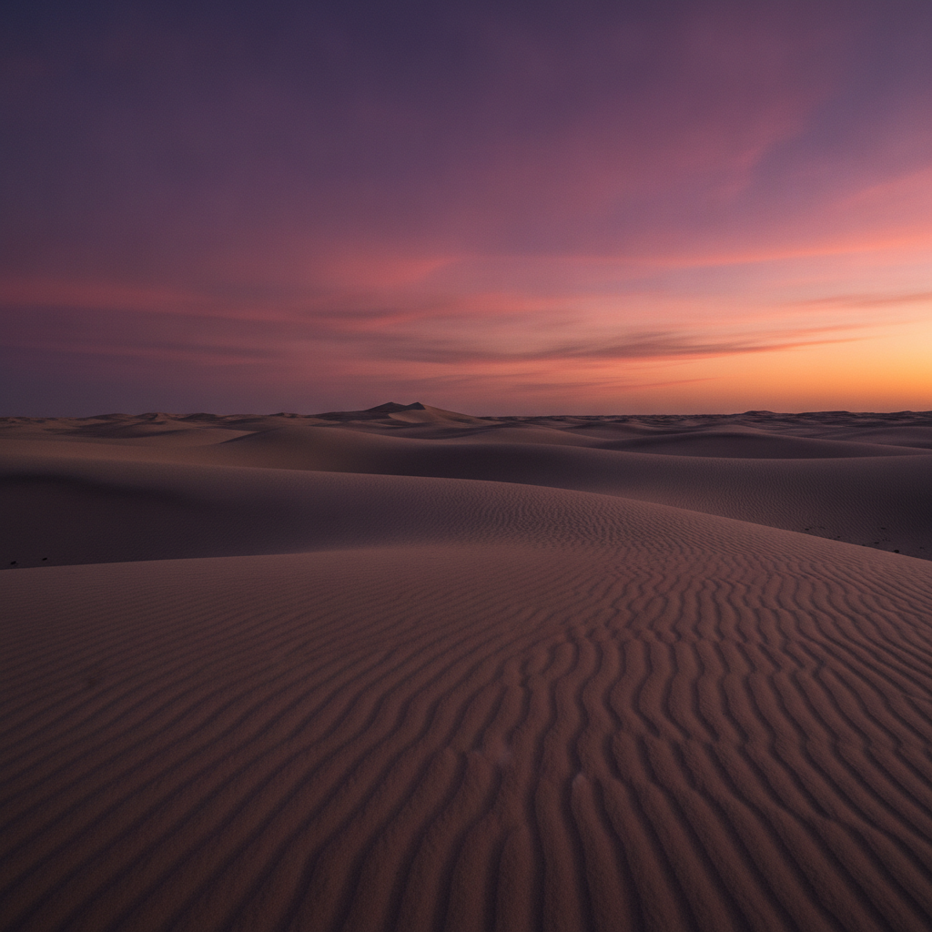 AI landscape photo enhancer result — sweeping desert sand dunes at dusk with a purple and orange sky and sharp ripple textures