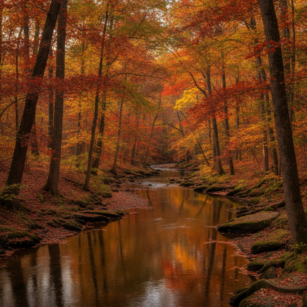 AI landscape photo enhancer result — a crisp autumn forest with vibrant red and gold foliage and a winding river reflecting fall colors