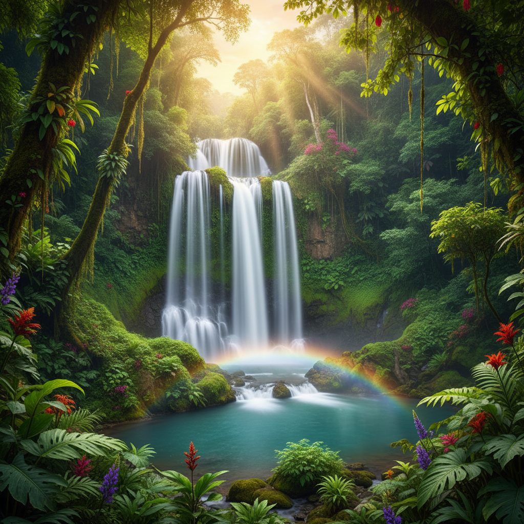 AI landscape photo enhancer result — a majestic tropical rainforest waterfall with silky water, lush vivid greenery and glowing misty light