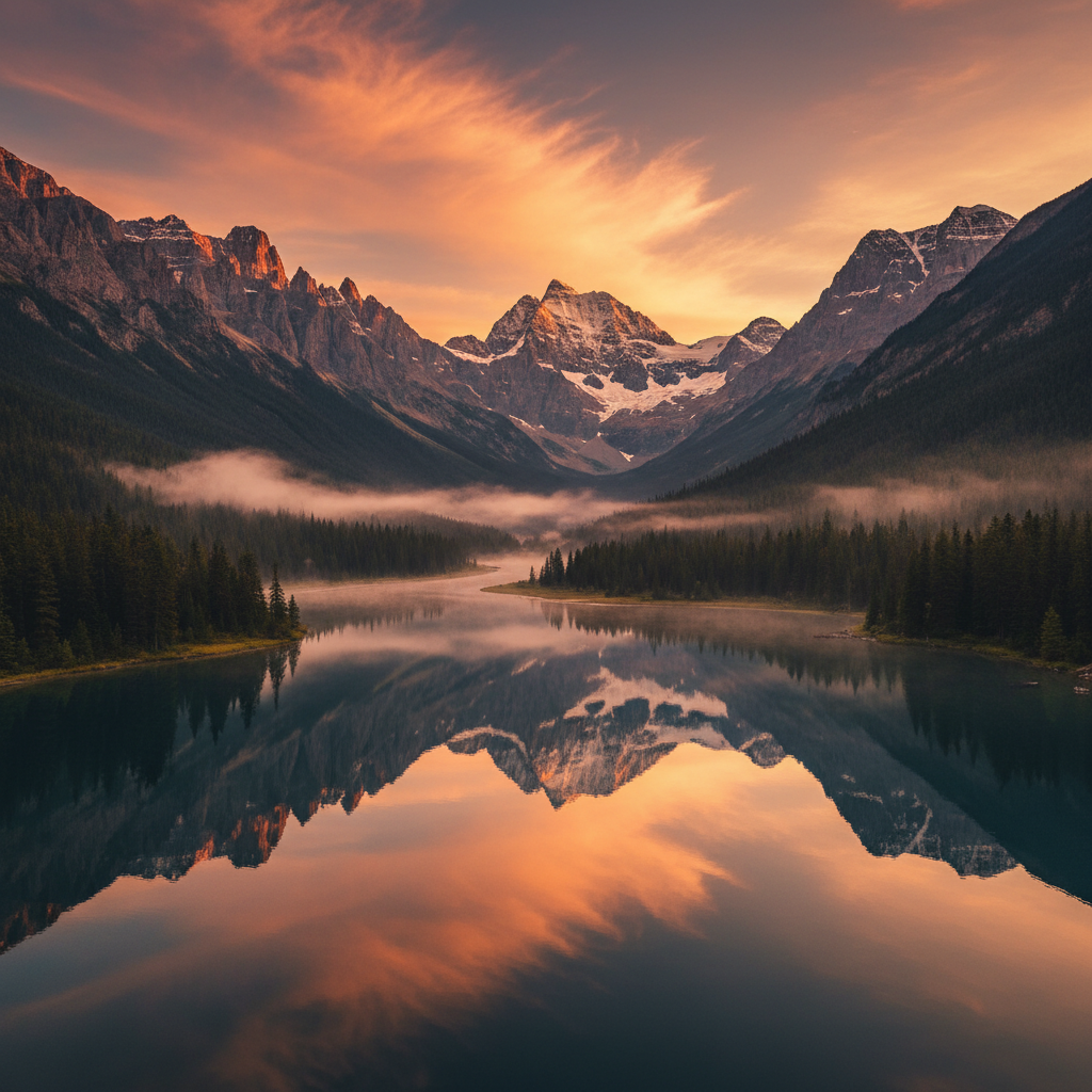 AI landscape photography enhancer showcase of a golden hour mountain vista with dramatic alpenglow on snow-capped peaks reflected in a mirror-still alpine lake, polished AI nature photography 4K finish ready for travel blog hero