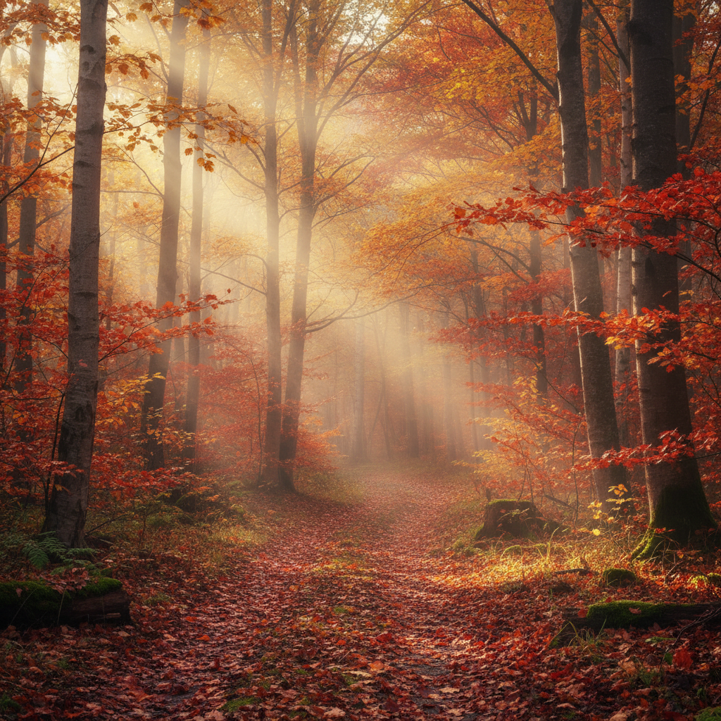 AI landscape photography enhancer output of a dreamy autumn forest with sun rays piercing morning fog through golden birch and maple canopy, polished AI photo tools for landscape 4K finish