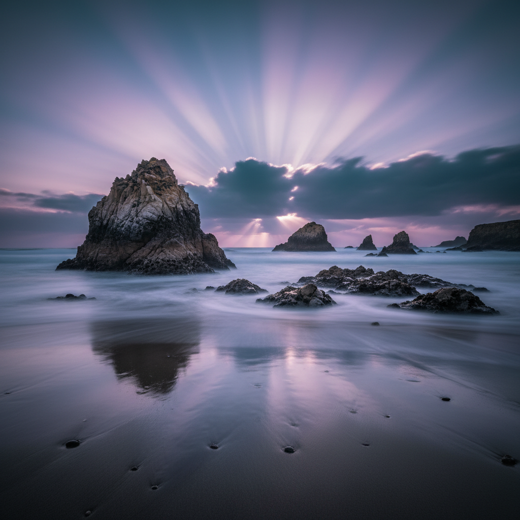 AI landscape photography enhancer dramatic ocean coastal seascape at blue hour with long-exposure smooth water around weathered sea stacks and lavender teal sky, polished landscape image editing AI fine-art finish