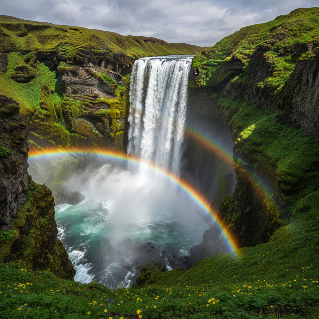 AI landscape photography enhancer surreal Iceland-style waterfall plunging into emerald canyon with vibrant rainbow in mist and lush moss-covered cliffs, polished AI nature photography 4K travel-magazine finish