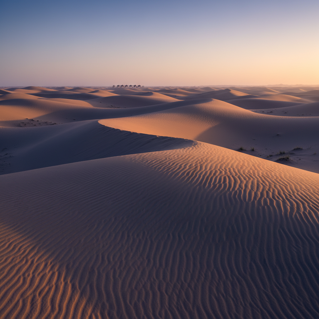 AI landscape photography enhancer cinematic desert dunes at sunrise with sculptural ridge lines casting long indigo shadows and warm amber dune crests, polished AI for travel photography 4K National Geographic finish