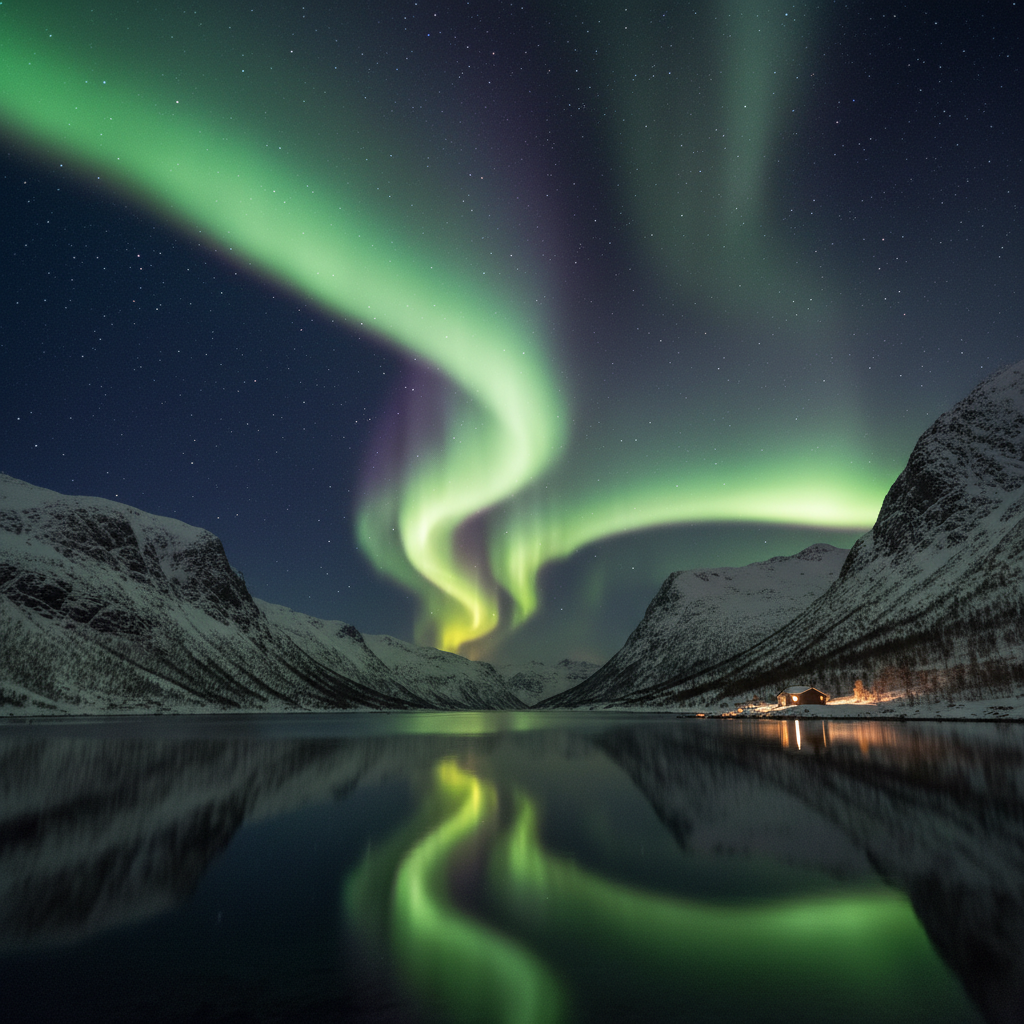 AI landscape photography enhancer ethereal Northern Lights aurora over snow-covered Nordic fjord with mirror reflection in still water, polished AI landscape photography 4K finish ready for fine-art print