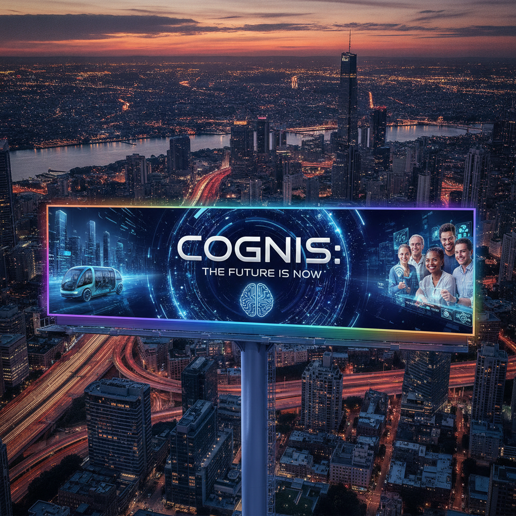 AI large-scale image creation output — a high-resolution panoramic billboard advertisement design with bold modern typography space