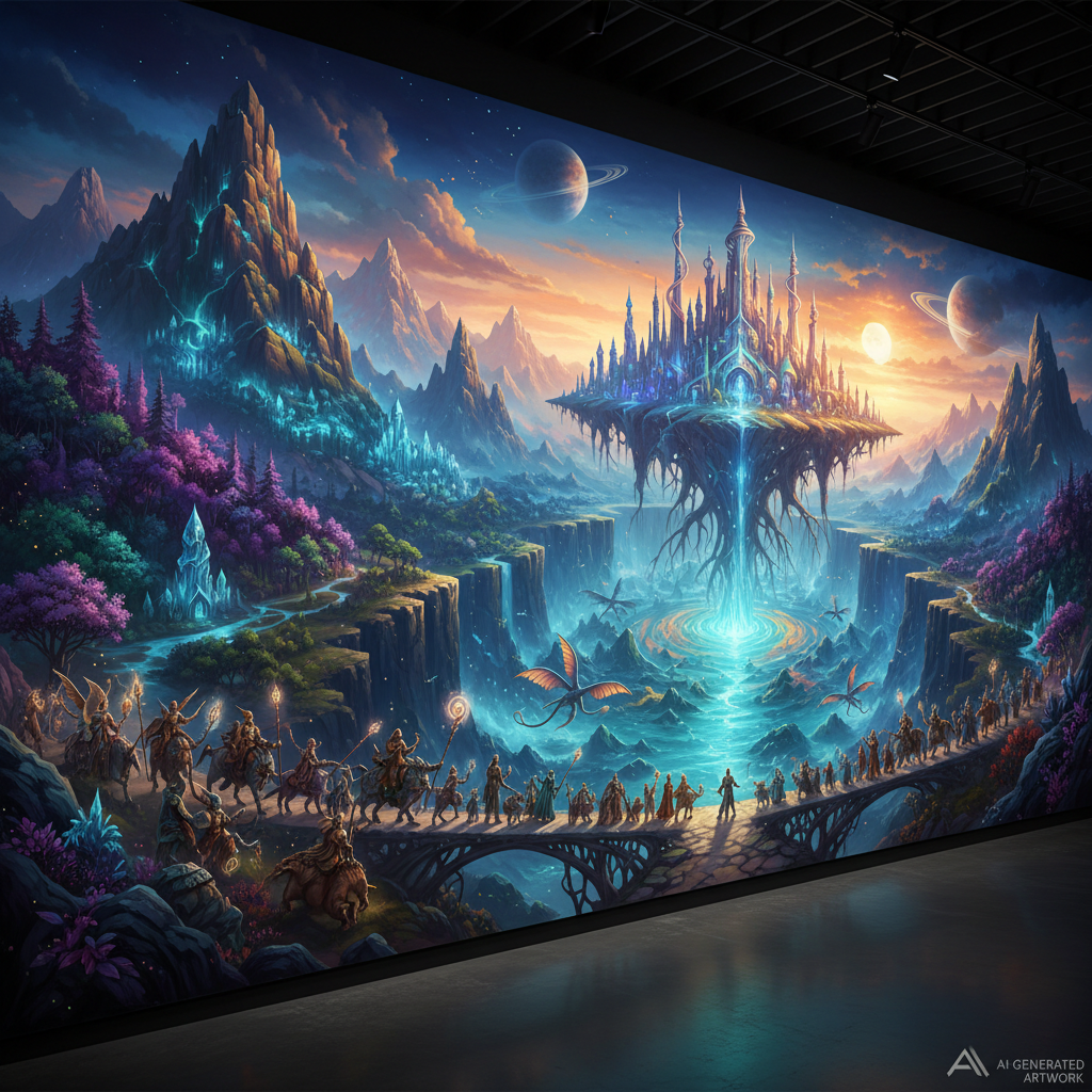 AI large-scale image creation output — a high-resolution mural artwork of a sweeping epic fantasy landscape