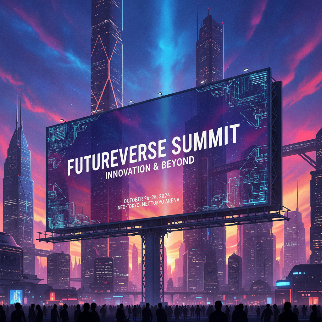 AI large-scale image creation output — a high-resolution event poster design with a towering architectural backdrop