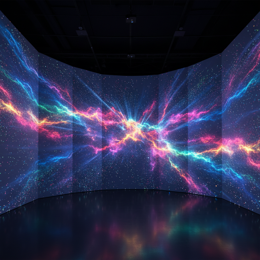 AI large-scale image creation output — a high-resolution immersive digital art installation visual with glowing particle nebula