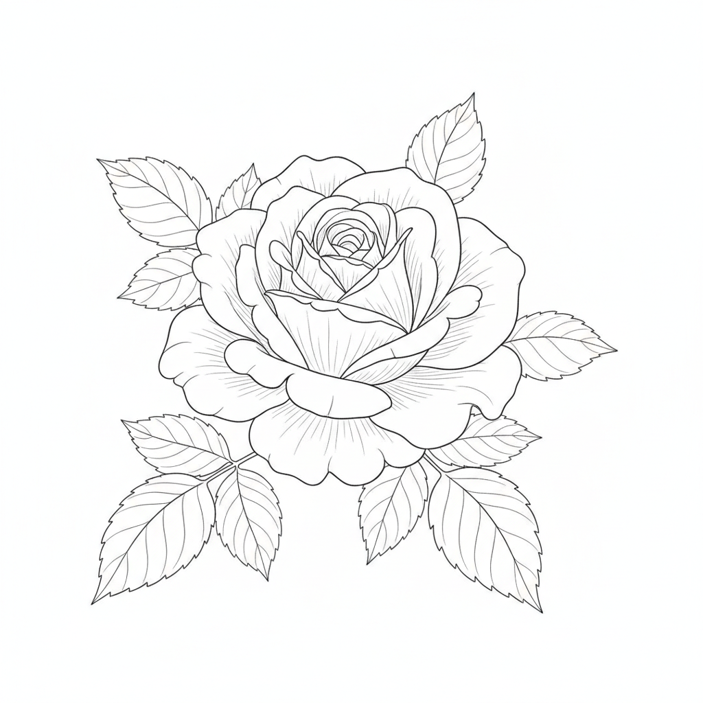 AI line art generator result — a delicate botanical line drawing of a blooming rose with leaves in fine black ink on white