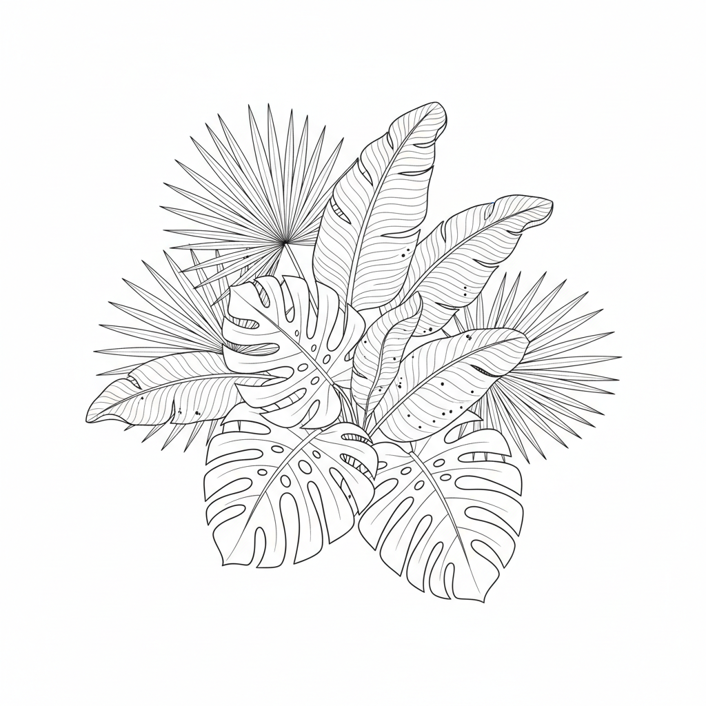AI line art generator result — a decorative botanical line drawing of monstera and tropical leaves in fine black ink on white