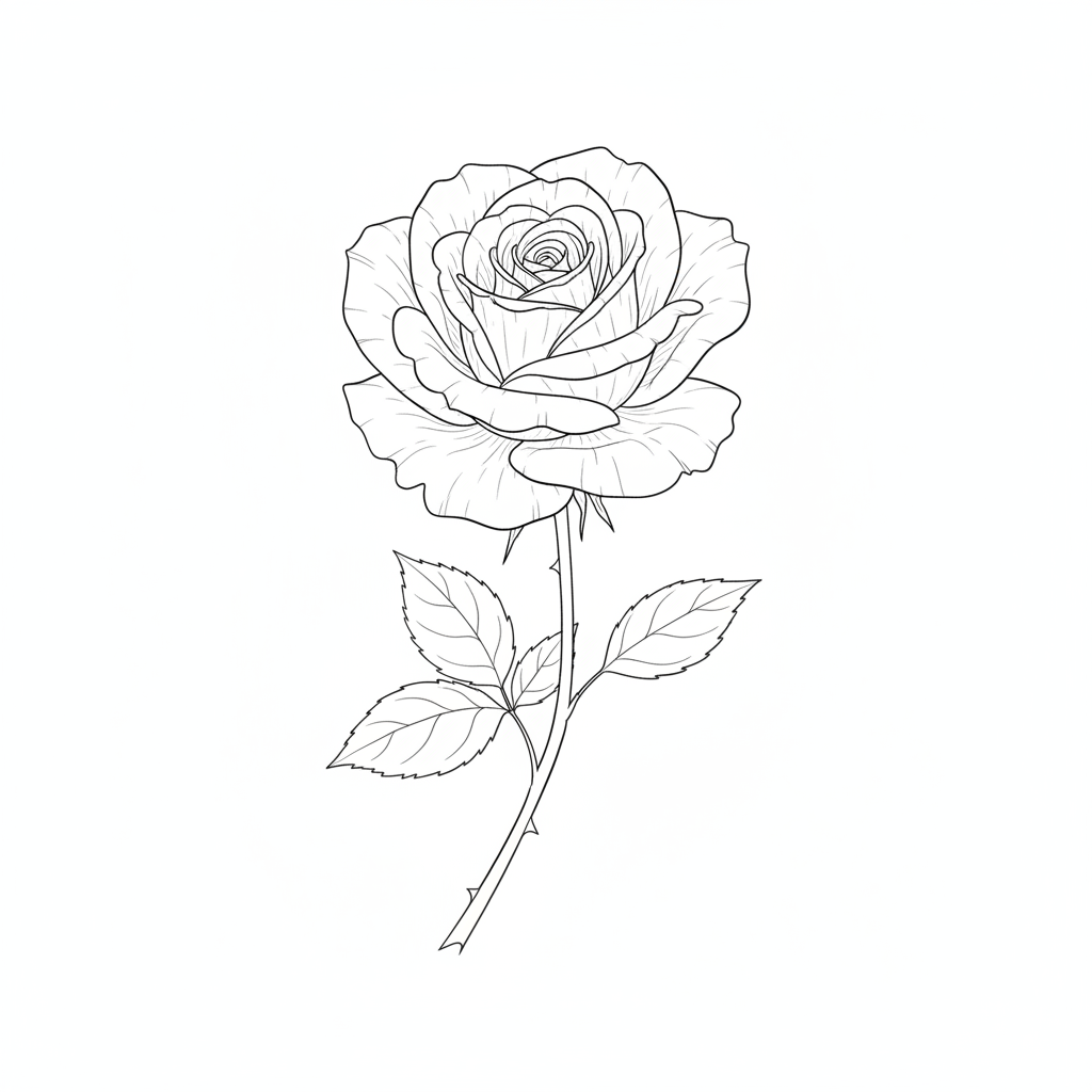 AI line art generator result — delicate line drawing of a blooming rose on white