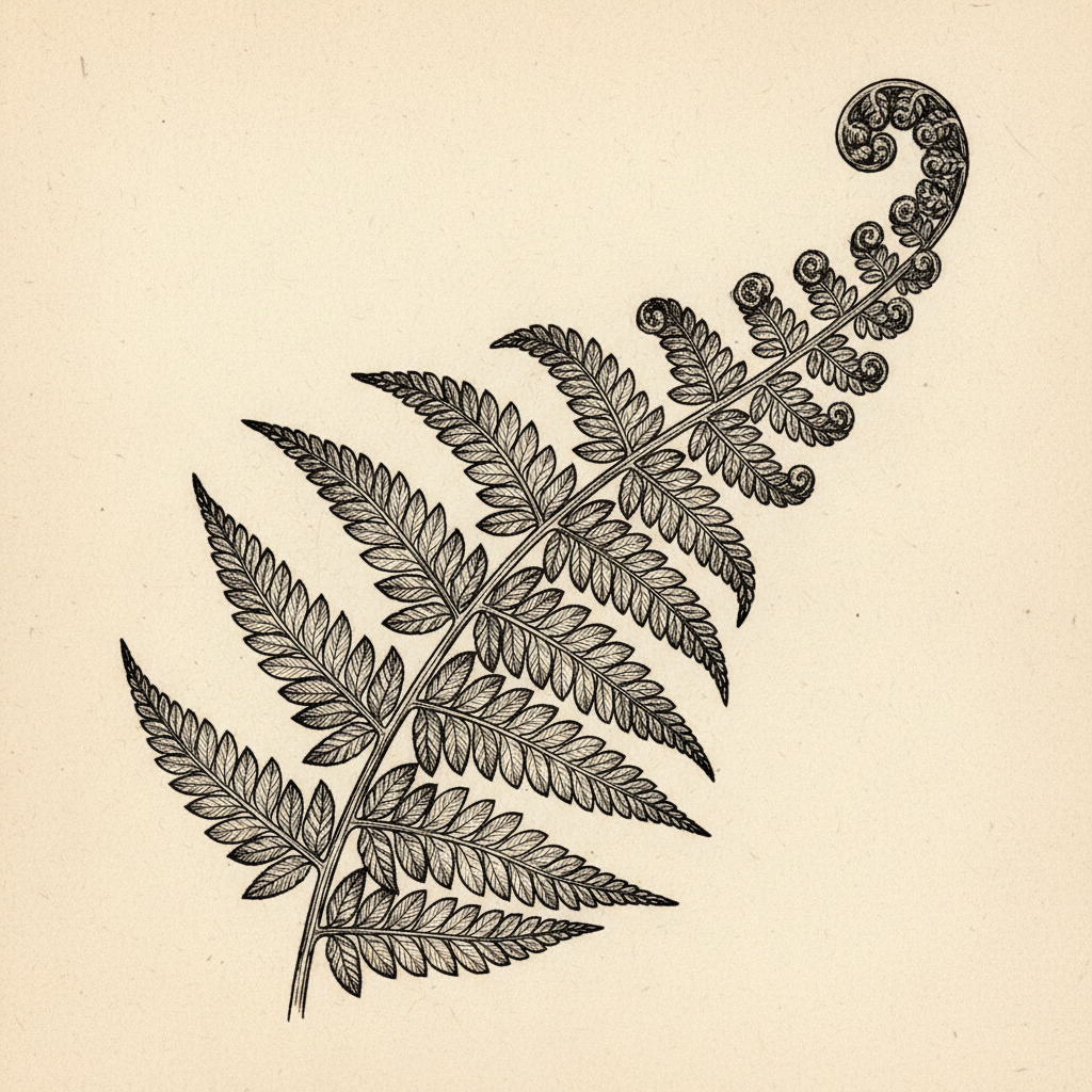 Detailed pen-and-ink botanical illustration of a fern frond with dense cross-hatching and stippling, every leaflet and vein resolved in clean black linework
