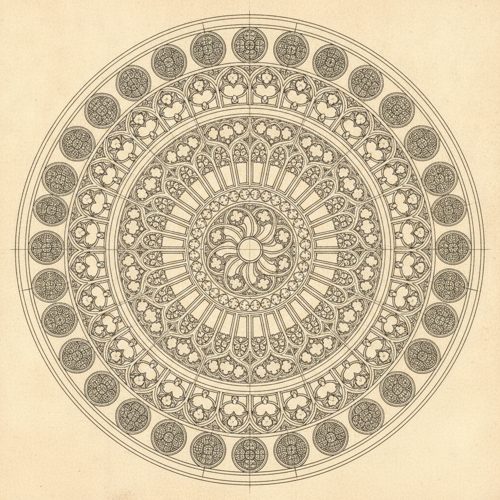 Precise architectural line drawing of a gothic cathedral rose window, symmetrical stone tracery drawn in thousands of fine consistent ink lines