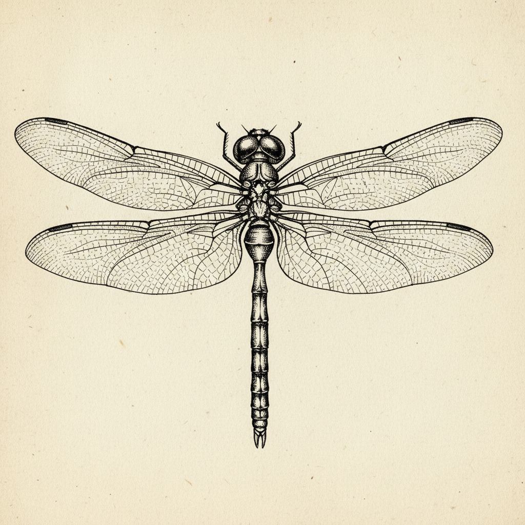 Intricate entomological pen-and-ink study of a dragonfly, delicate wing venation rendered as a web of hairline strokes with stippled body detail