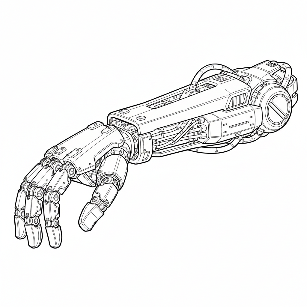 Clean inked lineart of a mechanical robotic arm and hand, bold outer contours with fine interior panel seams, pistons and cables, pure black linework on white