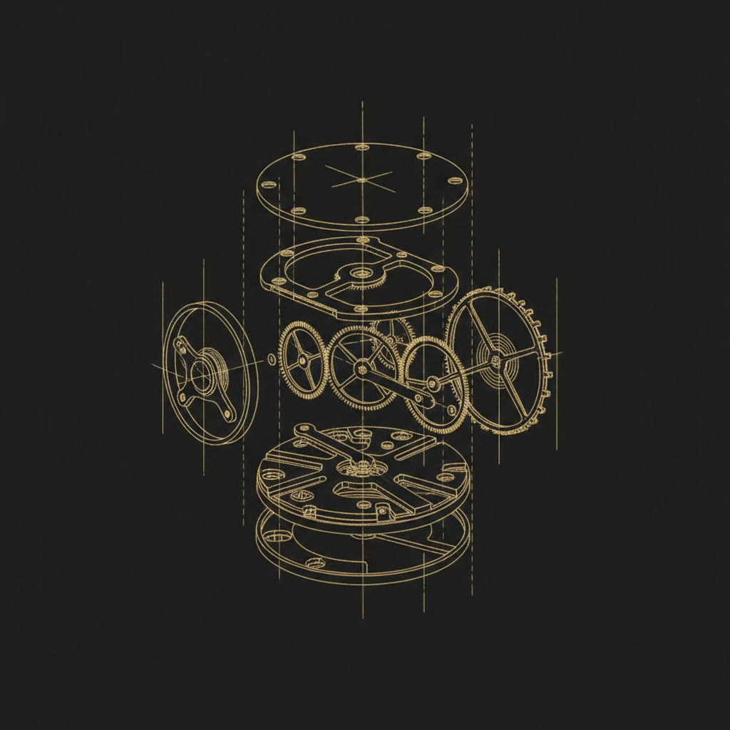 Technical exploded-view line drawing of a mechanical pocket watch movement with gears and bridges drafted in fine warm gold hairlines on a dark background