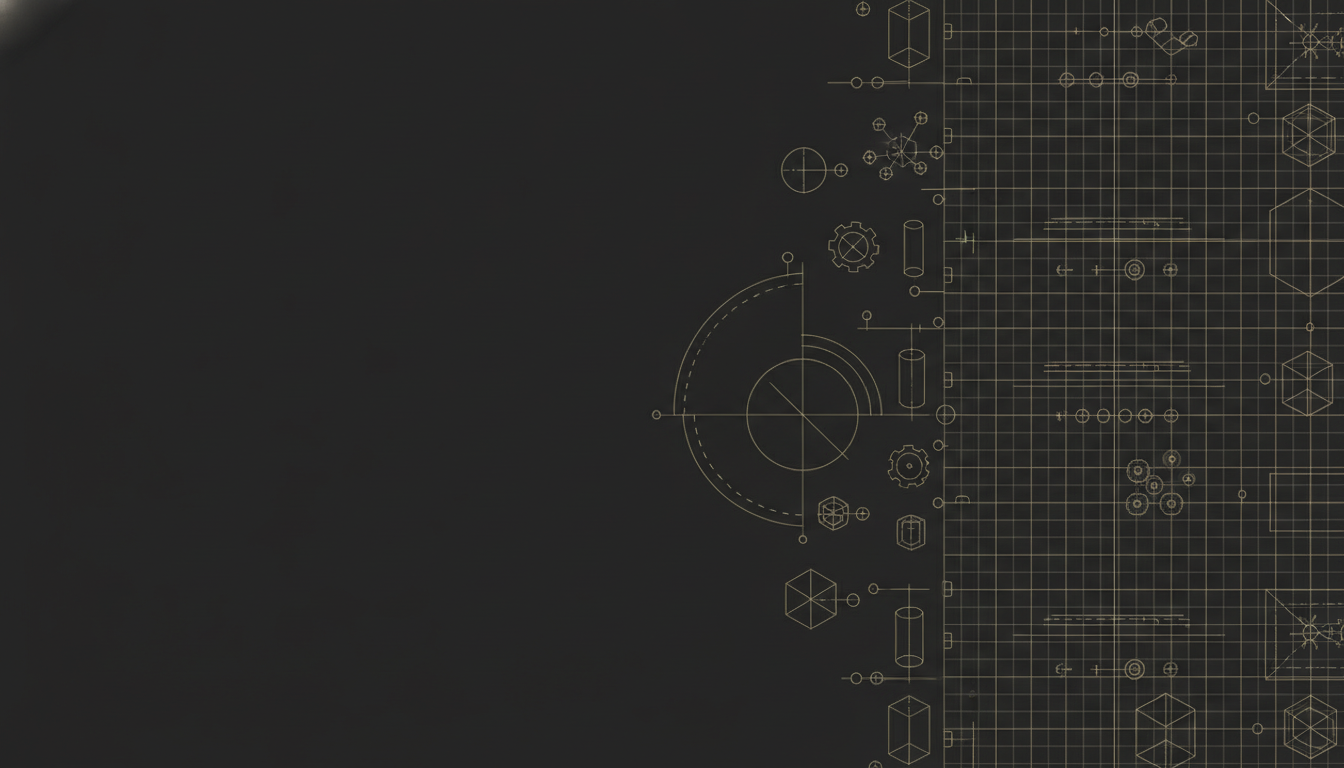 Technical LinkedIn banner background — a dark charcoal banner covered in fine muted gold engineering blueprint linework, grids, gears, isometric wireframes and measurement arcs, dense on the right and fading to plain charcoal across the left